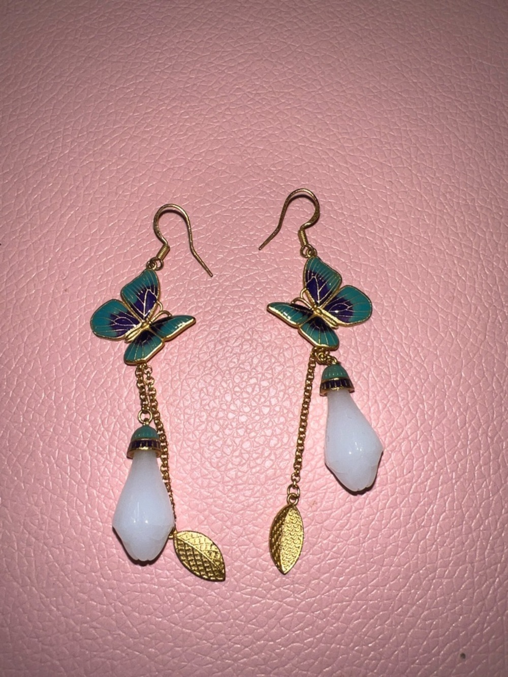 Blue Butterfly Drop Earrings with White Teardrop Charm